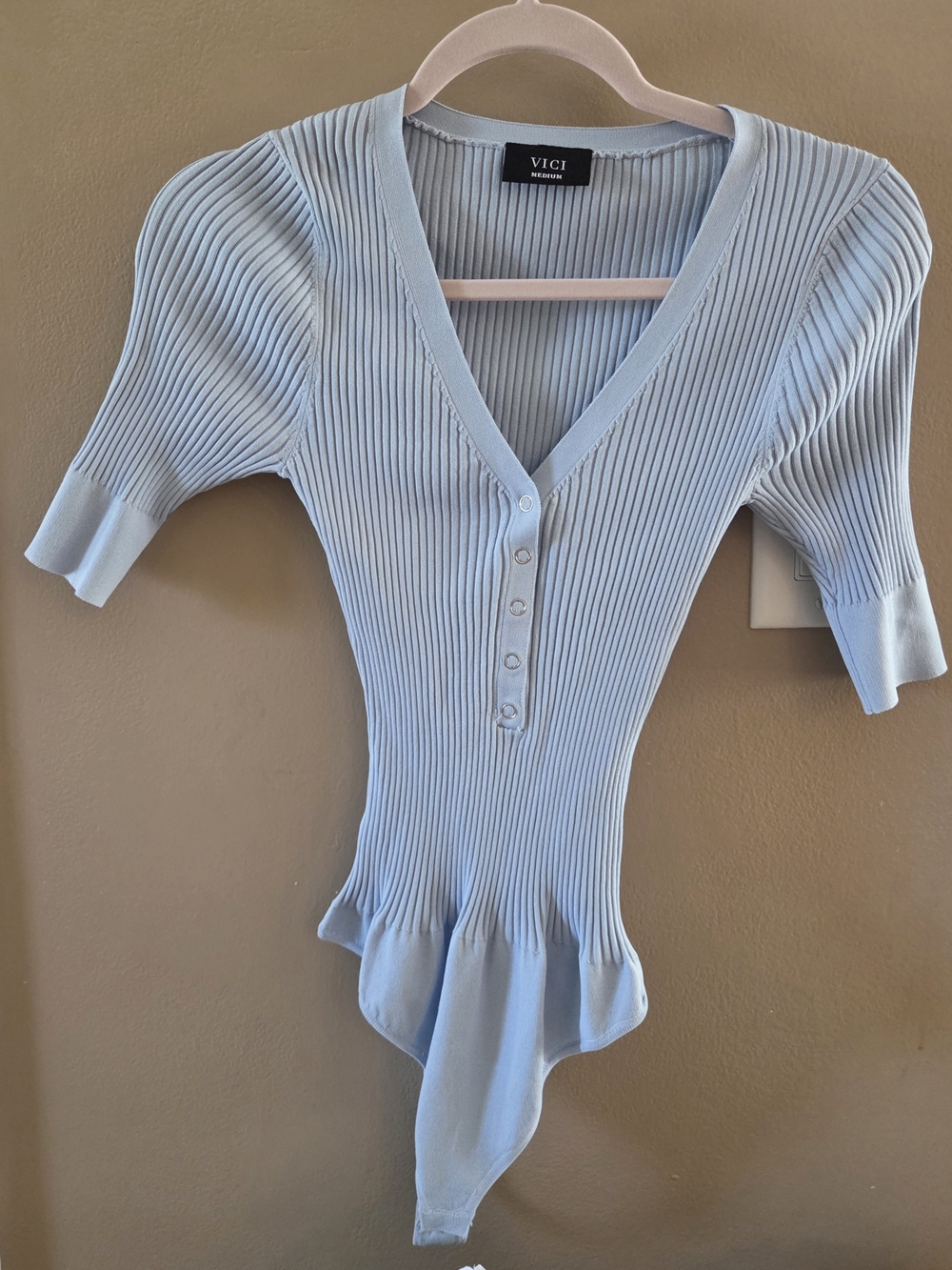 VICI Light Blue Ribbed V-Neck Button Front Bodysuit